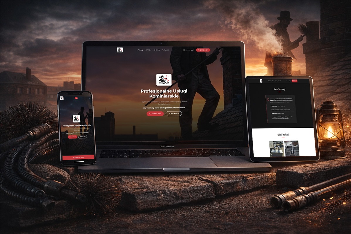 Responsywna strona www dla kominiarza na laptopie, tablecie i smartfonie. Prezentacja projektu z logo firmy Mikom, narzędzia kominiarskie i lampa naftowa w tle.