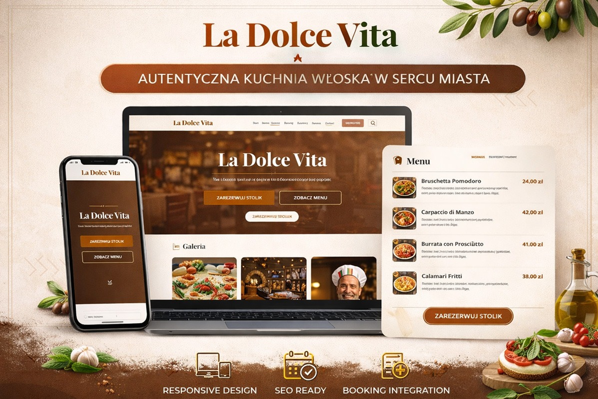 Responsywna strona restauracji La Dolce Vita na laptopie i smartfonie. Widoczne menu, galeria i system rezerwacji. SEO ready i integracja rezerwacji.