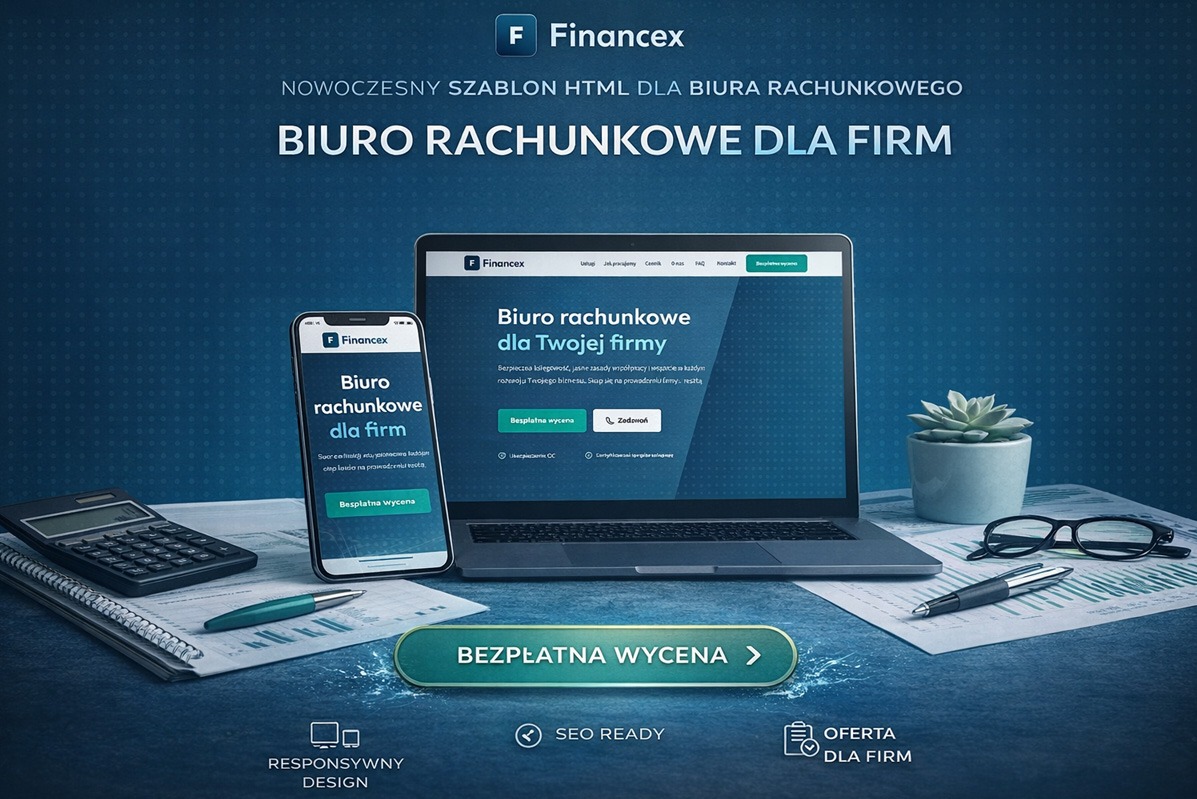 Szablon strony Financex dla biura rachunkowego na laptopie i smartfonie. Elegancka kolorystyka teal/navy, responsywny design, SEO ready, oferta dla firm. Kalkulator, notatnik.