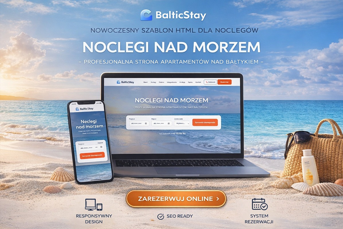 Responsywny szablon strony BalticStay na laptopie i smartfonie, plaża w tle. Układ strony dla noclegów nad morzem, z systemem rezerwacji i SEO.