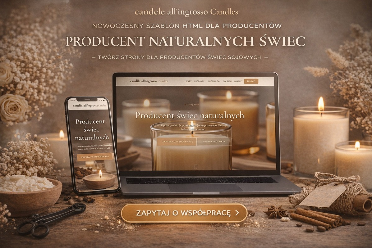 Szablon strony B2B dla producenta świec na laptopie i smartfonie. Ciepła kolorystyka, estetyka premium, filtrowanie produktów, katalog, blog, inspiracje, formularz B2B.