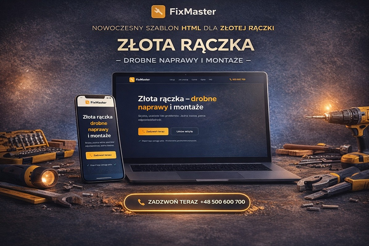 Szablon strony FixMaster dla złotej rączki: laptop i smartfon prezentują interfejs, narzędzia w tle, ciemna kolorystyka z bursztynowymi akcentami.