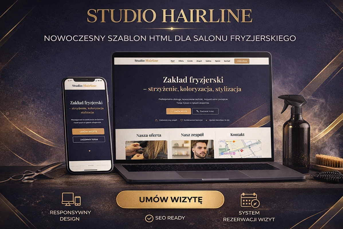 Szablon strony fryzjerskiej 'Studio Hairline' na laptopie i smartfonie. Elegancki design, ciemne tło, złote akcenty, szczotka, nożyczki i butelka z atomizerem.