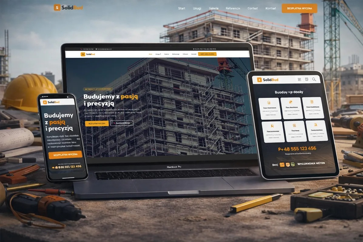 Prezentacja responsywnej strony www 'SolidBud' na laptopie, tablecie i smartfonie. W tle budowa, narzędzia i kask. Układ mockup z elementami budowlanymi.