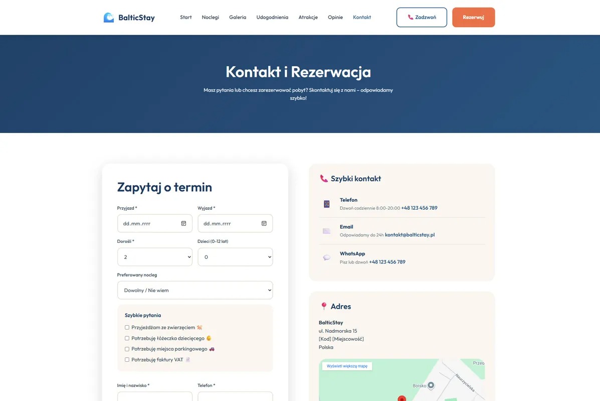 Formularz kontaktowy i rezerwacyjny na stronie BalticStay. Pola do wpisania daty przyjazdu i wyjazdu, liczby dorosłych i dzieci, preferencji noclegu oraz szybkie pytania.