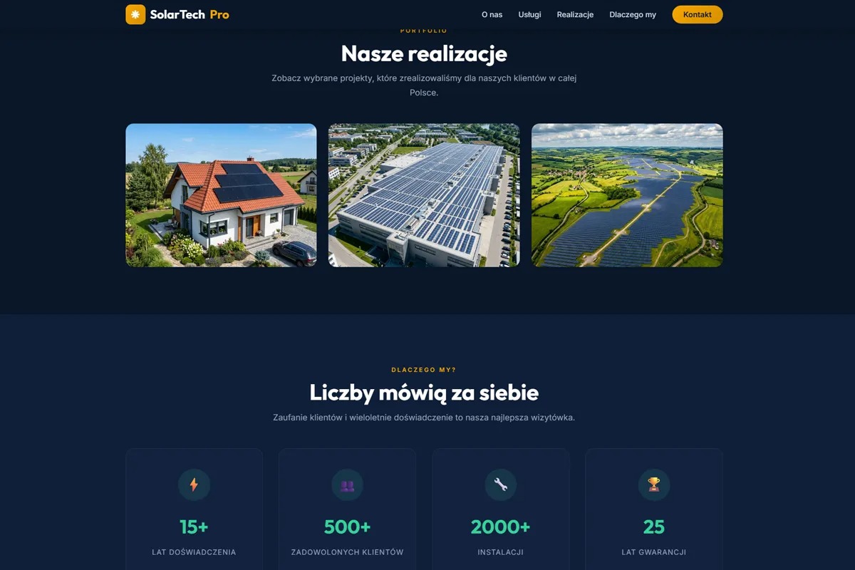 Strona internetowa z portfolio firmy Solar Tech Pro. Prezentacja realizacji: dom z panelami, farma solarna, elektrownia słoneczna. Liczby: 15+ lat, 500+ klientów, 2000+ instalacji.