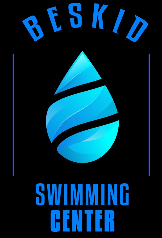 Grafika z logotypem 'Beskid Swimming Center' na czarnym tle. Centralnie umieszczona stylizowana, błękitna kropla wody. Po bokach pionowe, błękitne linie.