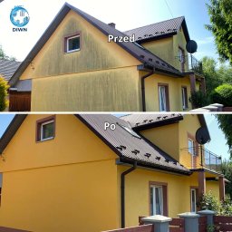 DIWN Nikodem Pańko - Żółty dom przed i po czyszczeniu elewacji. Widoczna różnica w kolorze i czystości ścian. Ujęcie z boku, w słoneczny dzień. Dach brązowy, okna białe.