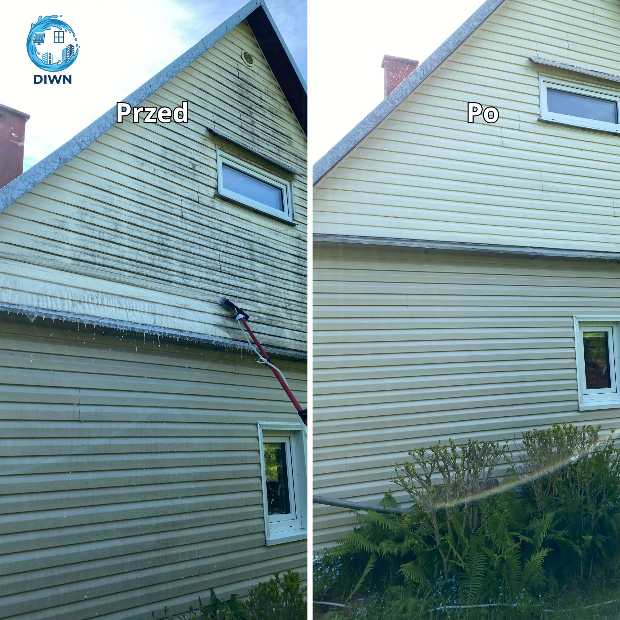 Porównanie elewacji domu przed i po czyszczeniu. Po lewej zabrudzona, po prawej odświeżona, jasna elewacja z sidingu. Widoczny fragment narzędzia do mycia.