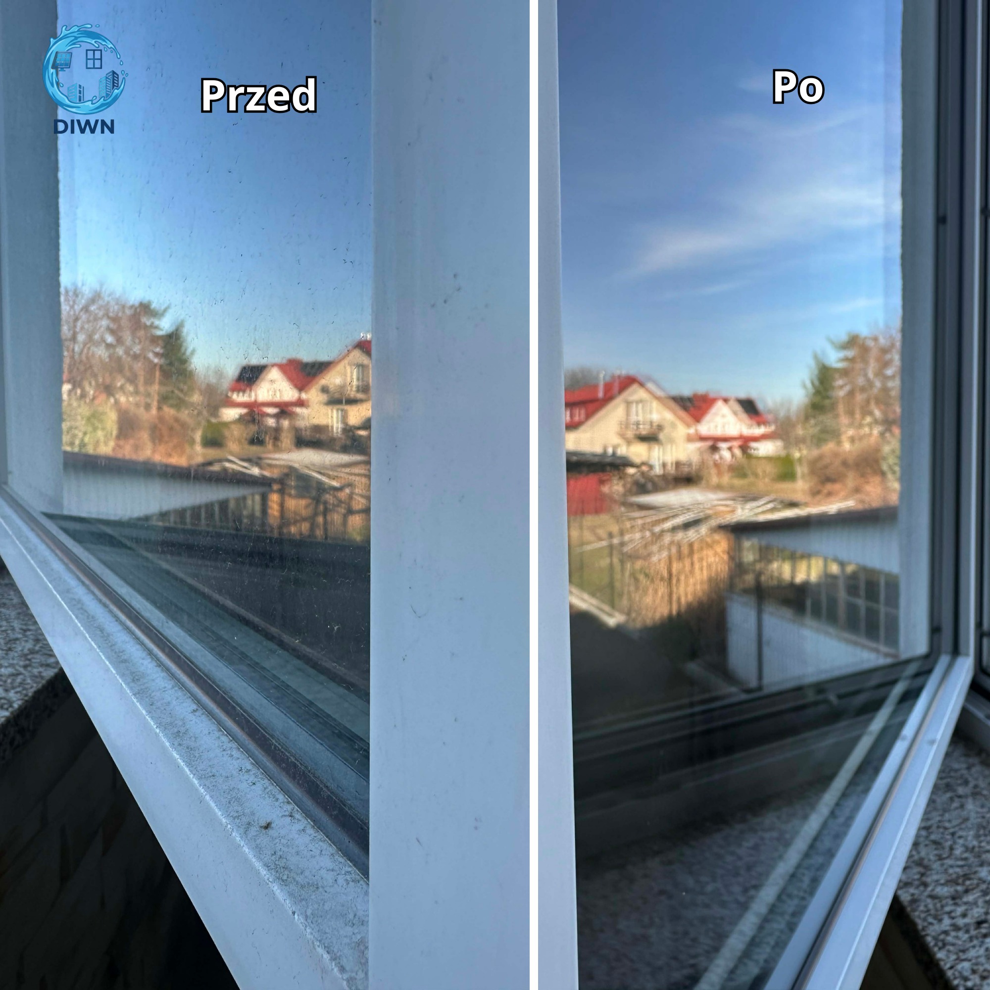Okno PCV, widok z bliska: lewa strona brudna z zaciekami, prawa strona czysta, odbijająca krajobraz. Układ 'przed i po' z wyraźnymi napisami.