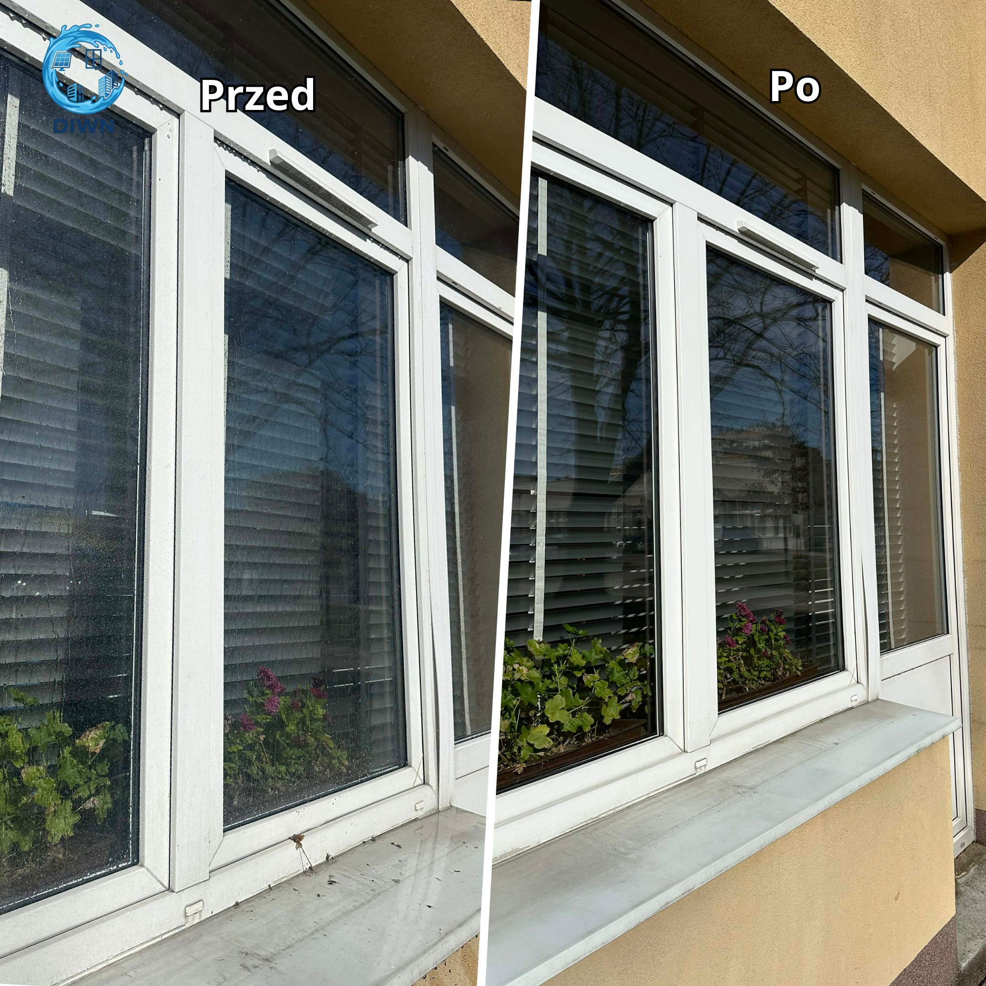 Zdjęcie okna PCV podzielone na pół: lewa strona 'Przed' - brudne okno, prawa strona 'Po' - czyste okno z roślinami w doniczce. Widoczne rolety wewnętrzne.