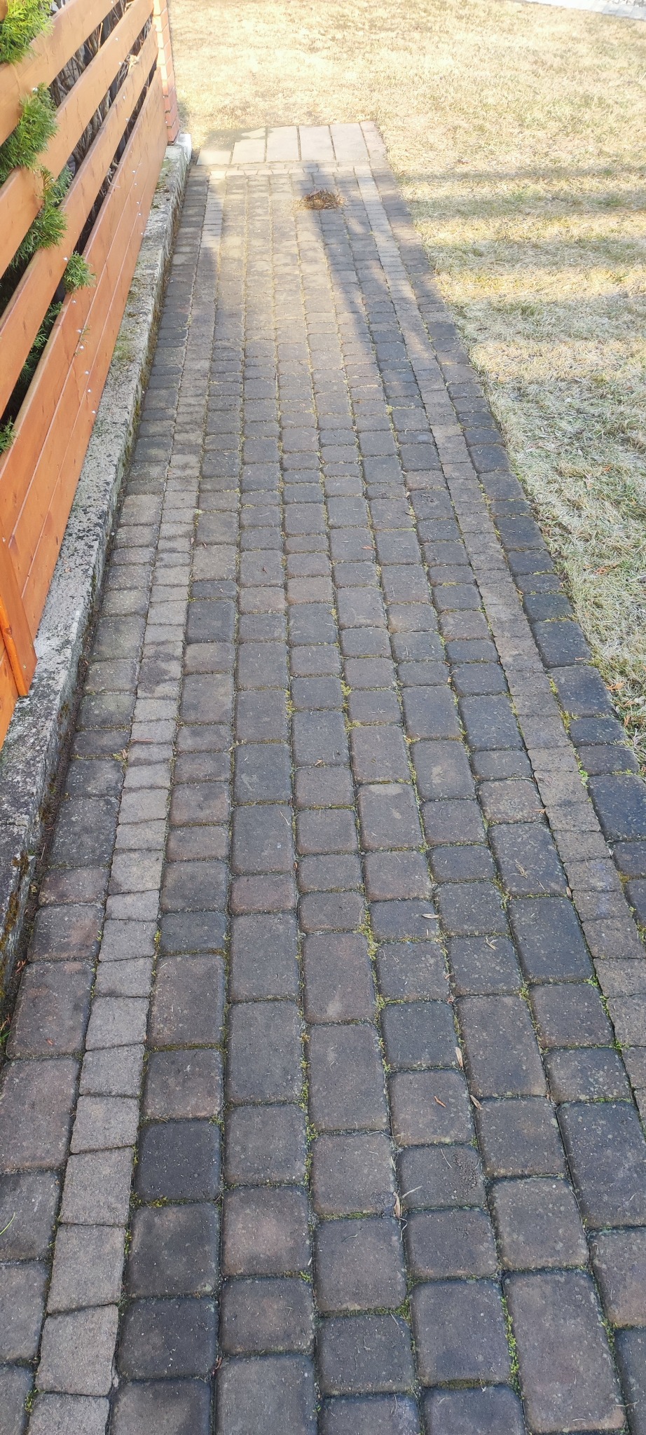 Ciemna kostka brukowa, częściowo wyczyszczona, z widoczną różnicą w kolorze. Po prawej stronie trawnik, po lewej drewniany płot.