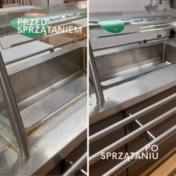 T2S grup - Zdjęcie 'przed i po' czyszczenia metalowej lady w lokalu gastronomicznym. Po lewej brudna, po prawej lśniąca, czysta lada. Widoczne napisy 'Przed Sprzątaniem' i 'Po Sprzątaniu'.