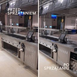 T2S grup - Zdjęcie 'przed i po' prezentujące czyszczenie metalowej lady w lokalu gastronomicznym. Po lewej brudna, po prawej lśniąca, czysta powierzchnia.