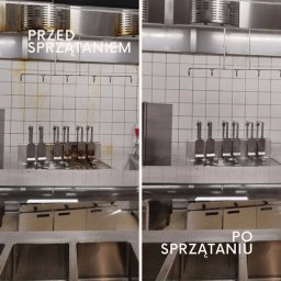 T2S grup - Zdjęcie 'przed i po' czyszczenia profesjonalnej kuchni: tłuste zabrudzenia na okapie i urządzeniach vs. lśniąca czystość po sprzątaniu. Widoczne płytki i stal nierdzewna.