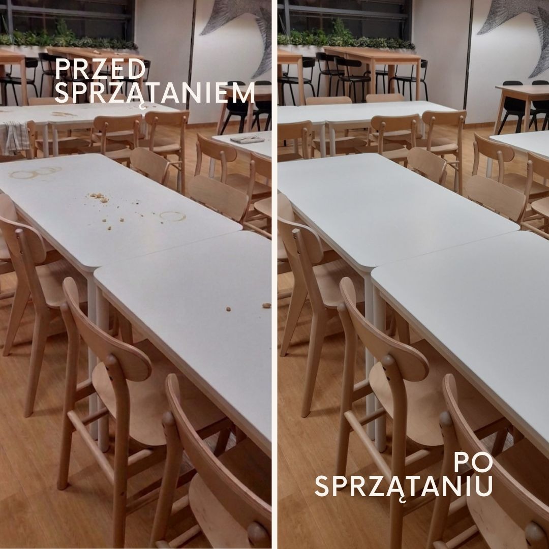 Zdjęcie 'przed i po' sprzątania stołów w jasnej sali jadalnej. Po lewej brudne stoły, po prawej czyste, gotowe do użytku. Widoczne drewniane krzesła i parkiet.
