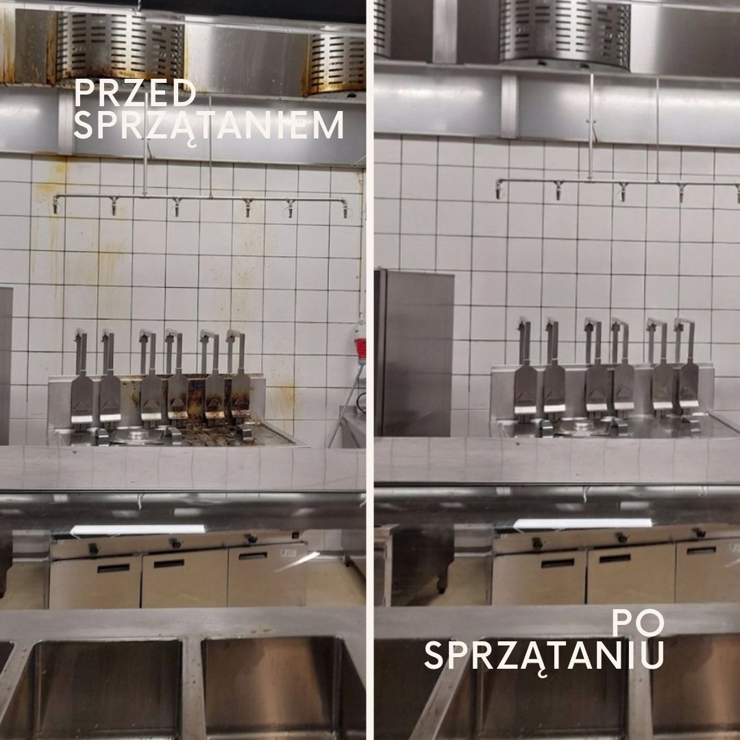 Zdjęcie 'przed i po' czyszczenia profesjonalnej kuchni: tłuste zabrudzenia na okapie i urządzeniach vs. lśniąca czystość po sprzątaniu. Widoczne płytki i stal nierdzewna.