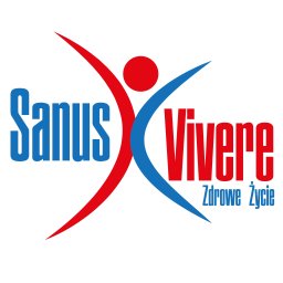 Atelier Horyzontów Adam Hucz - Grafika wektorowa: logo 'Sanus Vivere - Zdrowe Życie' z abstrakcyjną postacią w kolorach niebieskim i czerwonym na białym tle. Nazwa firmy w nowoczesnej czcionce.