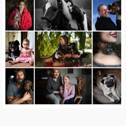 Anna Maria Biniecka - Kolaż z portretów ludzi i zwierząt: pies, kot, koń, królik, jeż. Różnorodne ujęcia, od czarno-białych po kolorowe, ukazujące relacje ludzi i ich pupili. Sesja fotograficzna.