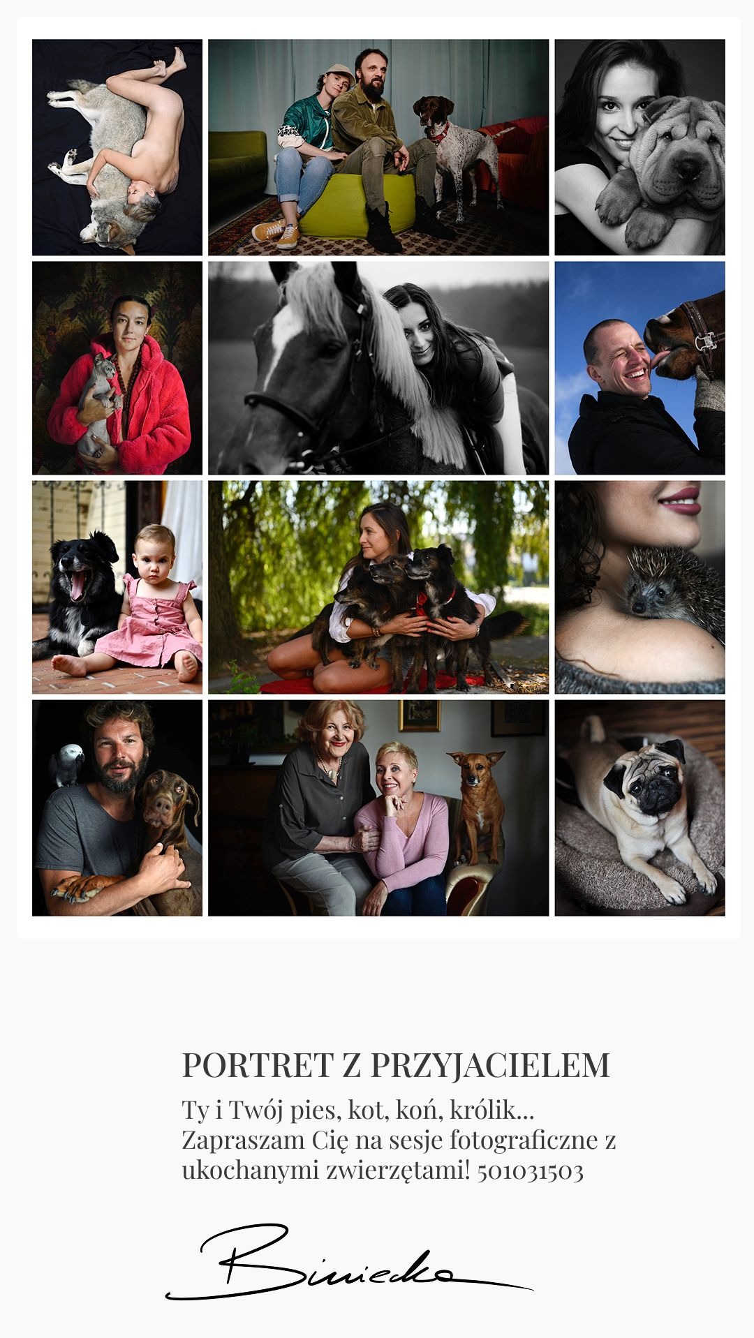 Kolaż z portretów ludzi i zwierząt: pies, kot, koń, królik, jeż. Różnorodne ujęcia, od czarno-białych po kolorowe, ukazujące relacje ludzi i ich pupili. Sesja fotograficzna.