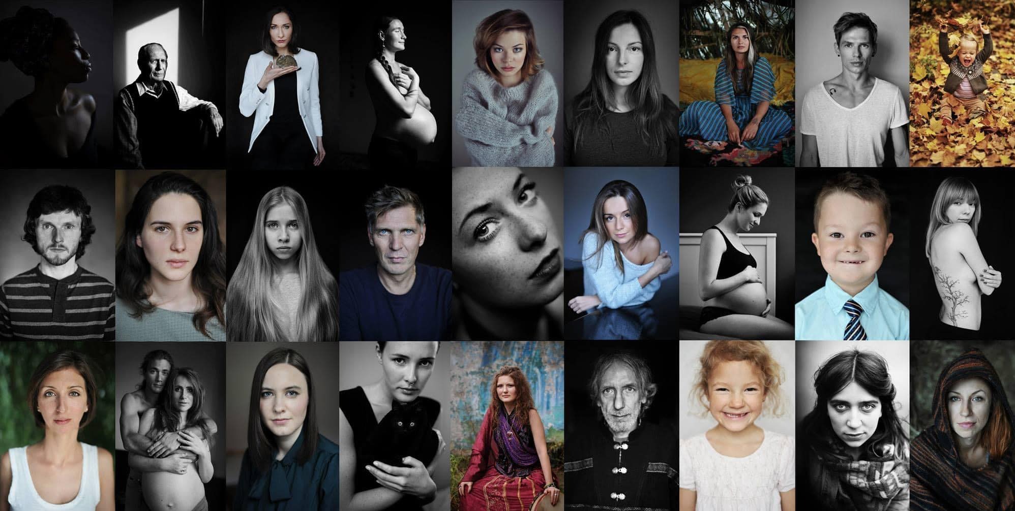 Kolaż portretów różnorodnych osób: kobiety w ciąży, dzieci, mężczyźni i kobiety w różnym wieku, w różnych stylach i pozach, zarówno w kolorze, jak i czerni i bieli.
