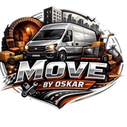 Oskar Śmigielski - Grafika z vanem, wózkiem transportowym i kartonami na tle miejskiego krajobrazu, z napisem 'MOVE BY OSKAR', sugerująca usługi przeprowadzkowe.