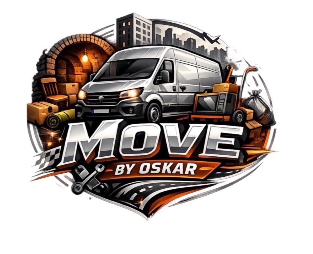 Grafika z vanem, wózkiem transportowym i kartonami na tle miejskiego krajobrazu, z napisem 'MOVE BY OSKAR', sugerująca usługi przeprowadzkowe.