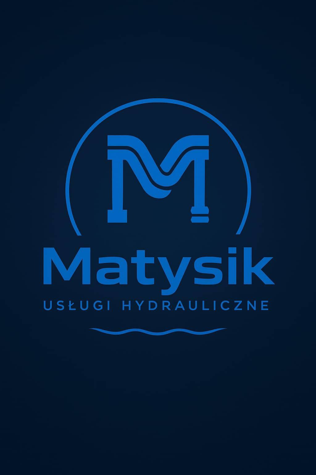 Niebieskie logo firmy hydraulicznej Matysik z dużą literą M w okręgu i napisem 'Usługi Hydrauliczne' na ciemnoniebieskim tle.
