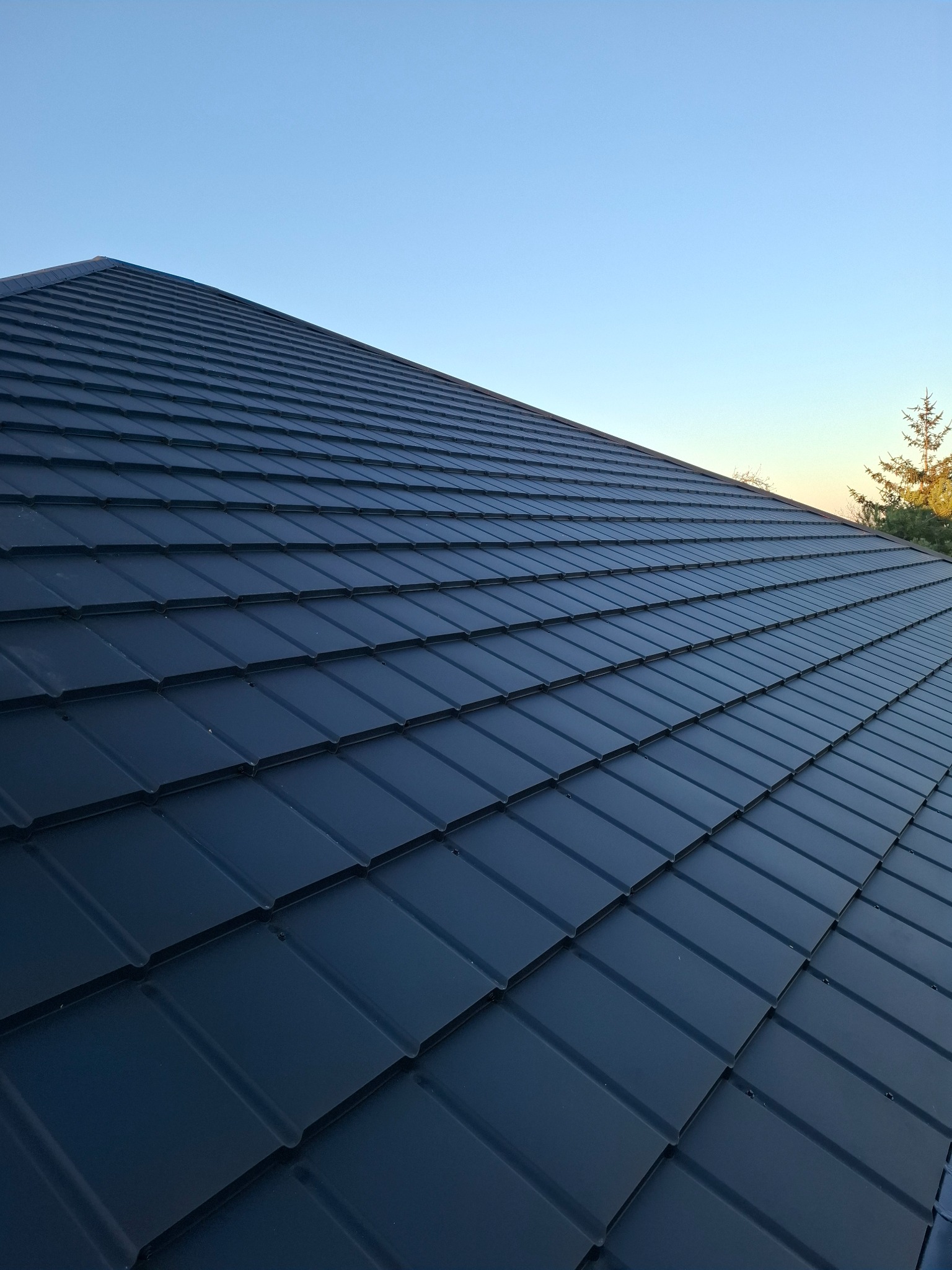 Nowoczesny, ciemny dach z blachy trapezowej w regularnym układzie, widziany pod kątem. W tle błękitne niebo i fragment drzewa iglastego. Estetyczne wykończenie.