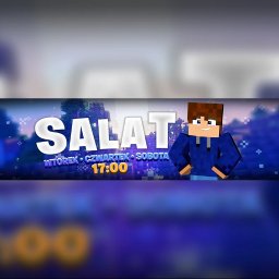 MG Projects - Banner z postacią w stylu Minecraft, napisem 'SALAT', dniami tygodnia i godziną 17:00 na tle pikselowego krajobrazu w odcieniach niebieskiego i fioletu.