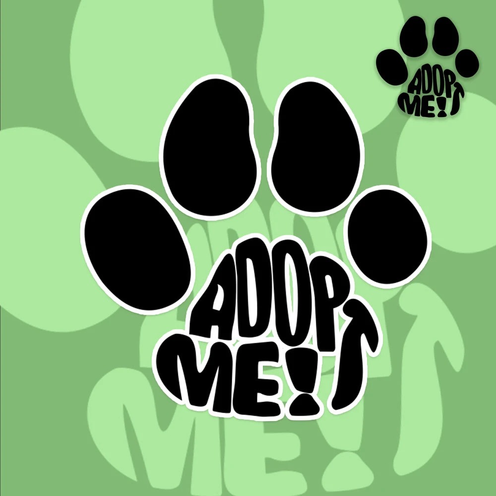 Grafika wektorowa: odcisk łapy z napisem 'ADOPT ME!' na zielonym tle z subtelnymi wzorami łap. Stylizowane, przyjazne dla oka.
