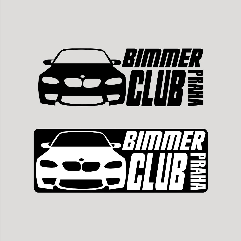 Dwa warianty logo Bimmer Club Praha: czarny samochód na szarym tle i biały samochód w czarnej ramce na szarym tle. Minimalistyczny design, nowoczesna typografia.