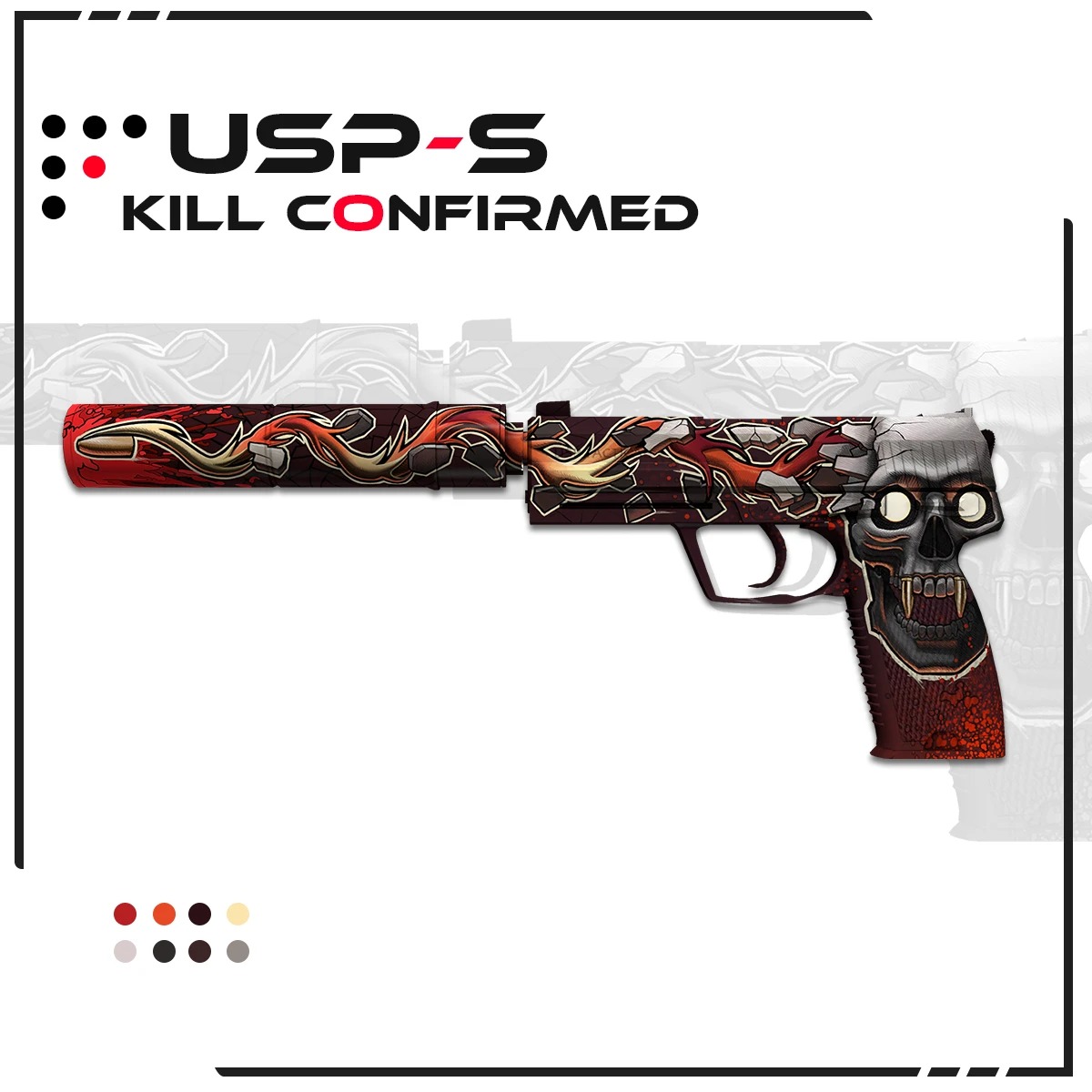 Grafika pistoletu USP-S Kill Confirmed z motywem czaszki i płomieni na białym tle, otoczona czarną ramką i paletą kolorów.