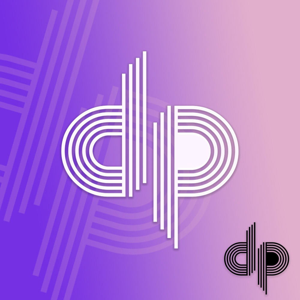 Abstrakcyjne logo 'dp' z białych linii na fioletowo-różowym tle gradientowym. Dodatkowo w prawym dolnym rogu mniejsza wersja logo w czerni.