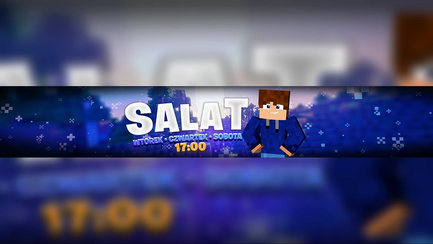 Banner z postacią w stylu Minecraft, napisem 'SALAT', dniami tygodnia i godziną 17:00 na tle pikselowego krajobrazu w odcieniach niebieskiego i fioletu.