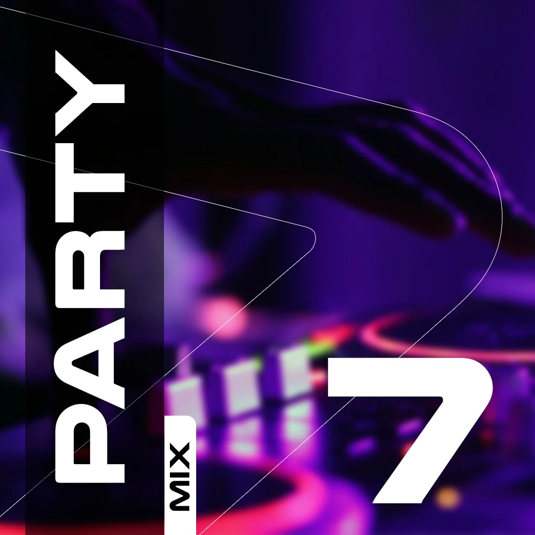 Grafika promująca 'Party Mix 7' z DJ-em w tle, utrzymana w fioletowej tonacji z białymi napisami i geometrycznymi elementami. Dynamiczny, nowoczesny design.