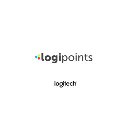 JAKUB KRASOWSKI RELOAD - Logotyp 'logipoints' z trzema kolorowymi kropkami (niebieska, żółta, różowa) i logo 'logitech' poniżej, na białym tle. Minimalistyczny design.