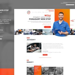 JAKUB KRASOWSKI RELOAD - Projekt strony internetowej firmy Pomoc Non Stop z uśmiechniętym mechanikiem. Układ graficzny z sekcjami o usługach, narzędziach i zespole. Nowoczesny design.