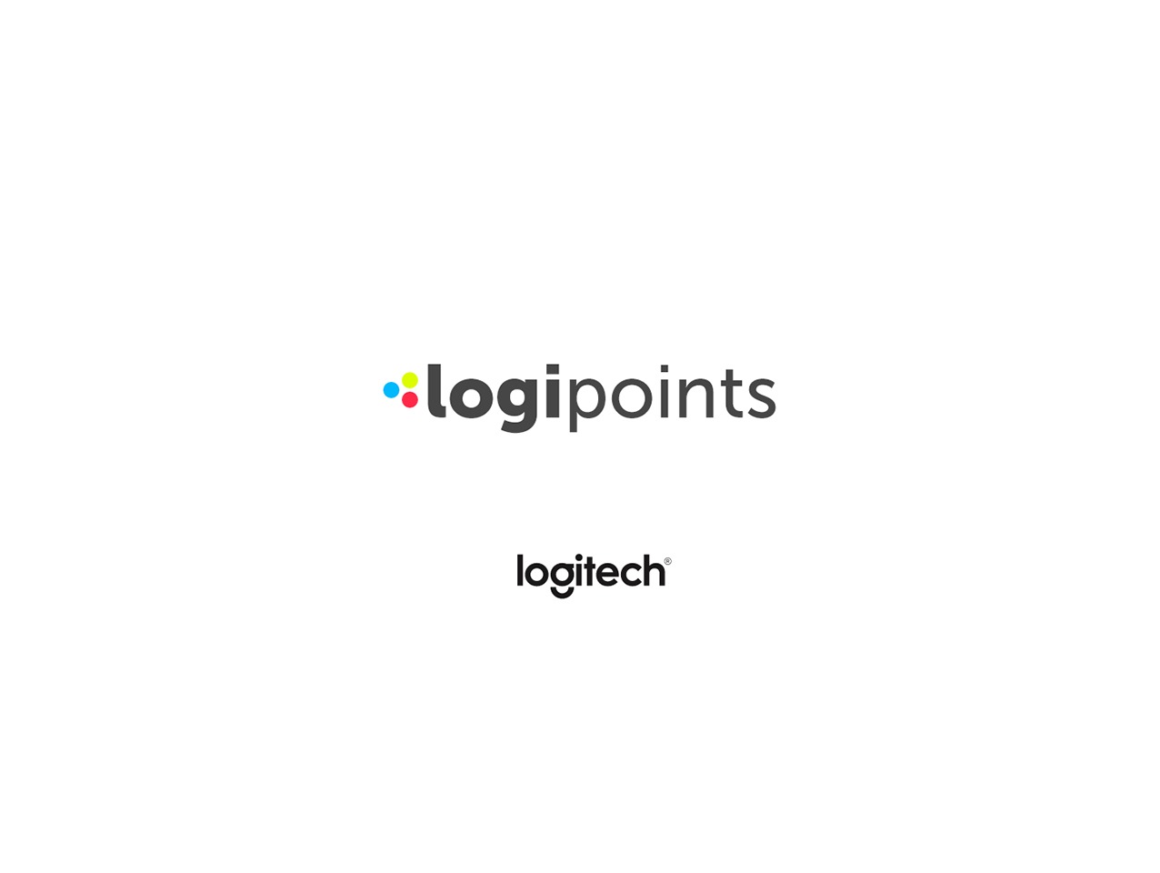 Logotyp 'logipoints' z trzema kolorowymi kropkami (niebieska, żółta, różowa) i logo 'logitech' poniżej, na białym tle. Minimalistyczny design.