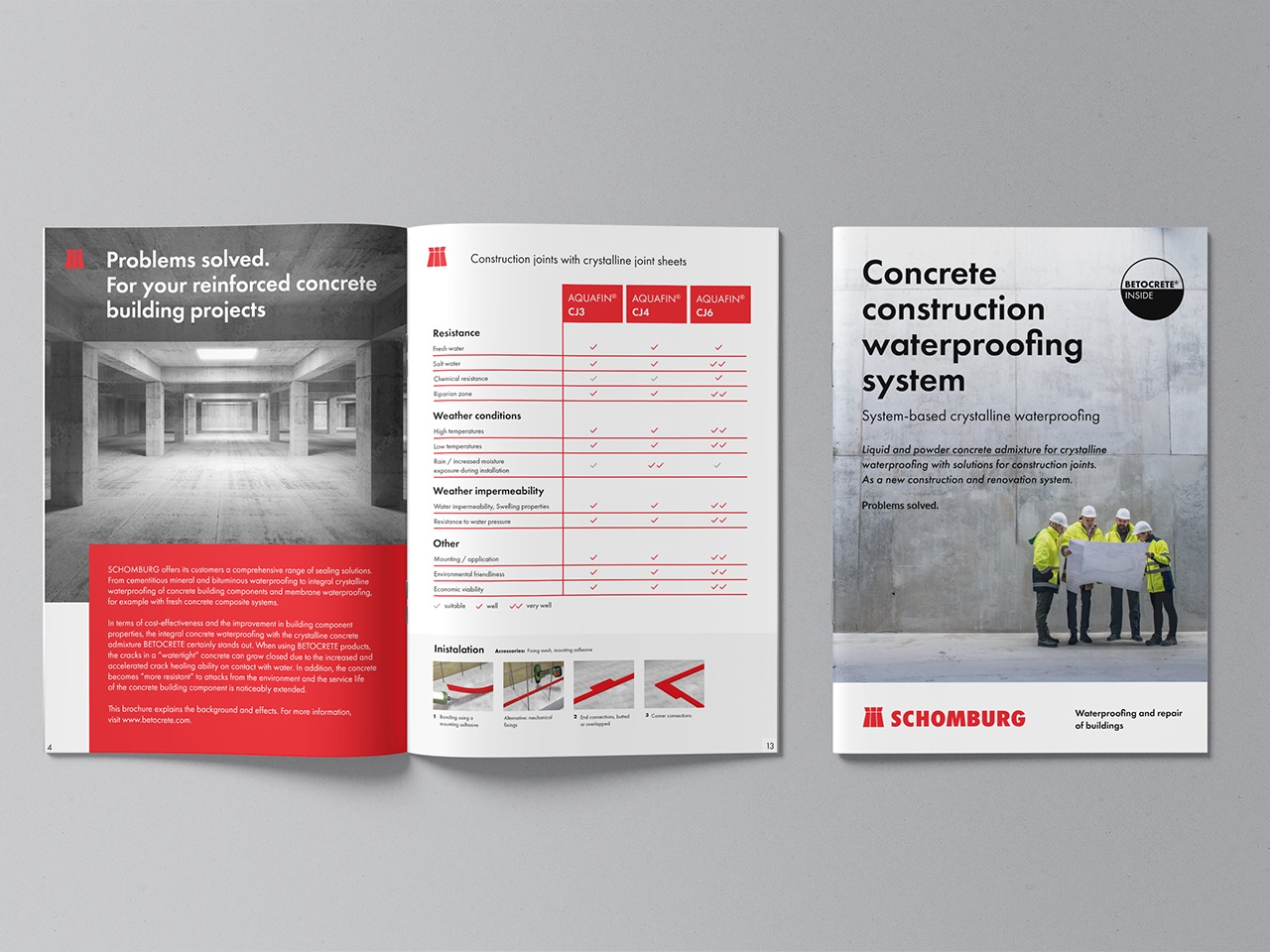 Broszura informacyjna o systemie hydroizolacji betonu Schomburg. Zawiera dane techniczne, schematy instalacji i zdjęcie inżynierów analizujących plan na tle betonowej ściany.