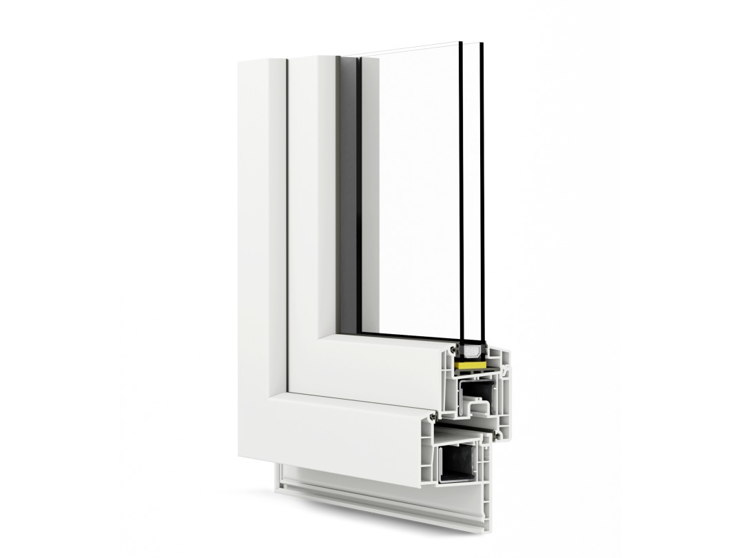 Przekrój okna PCV z dwoma szybami, ukazujący jego wewnętrzną konstrukcję i system uszczelnień. Białe profile ramy na jasnym tle, widoczne detale techniczne.