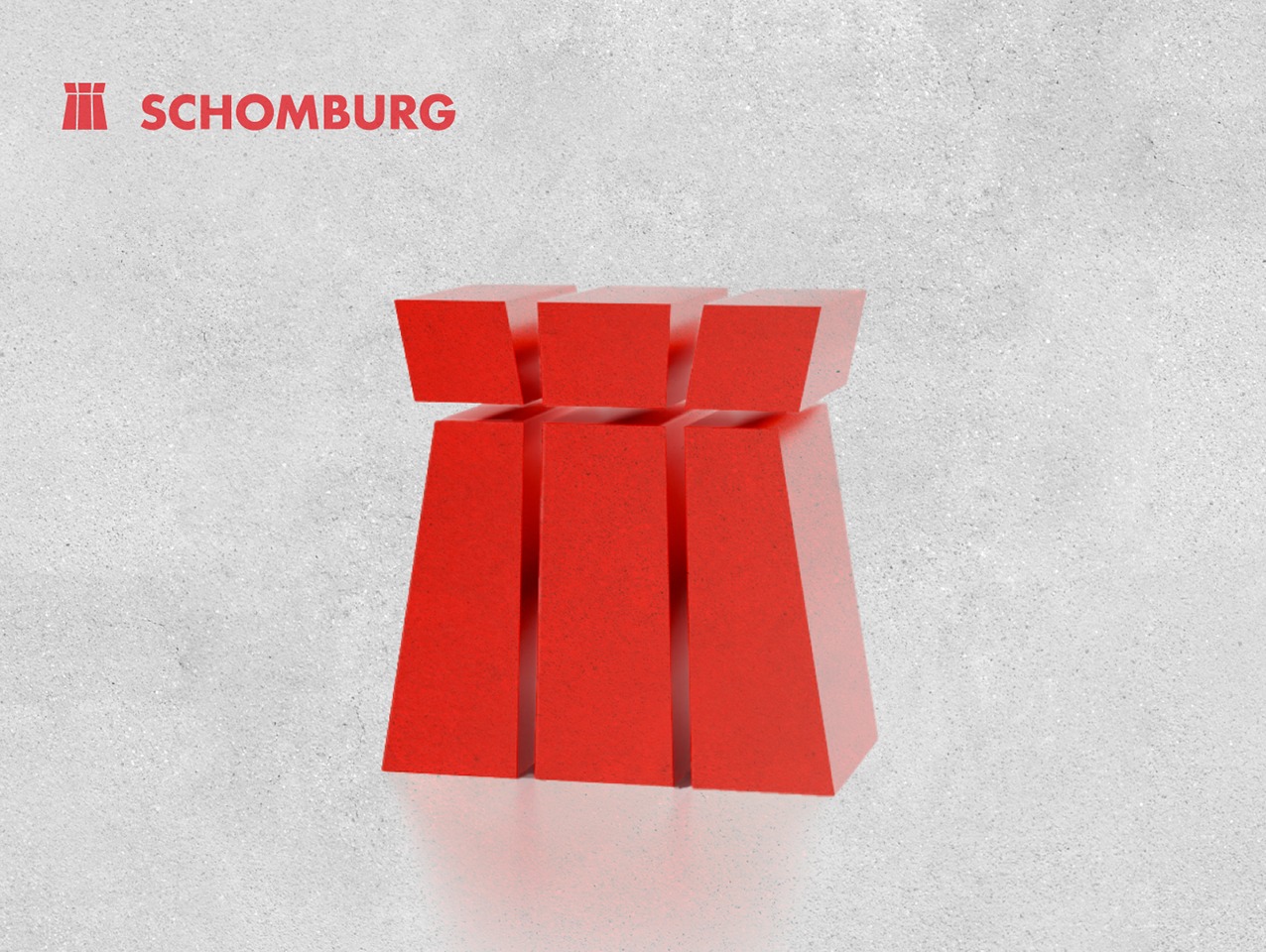 Czerwone, trójwymiarowe logo firmy Schomburg na teksturowanym, jasnoszarym tle. Geometryczny kształt z bloków i trapezów. Minimalistyczny design.