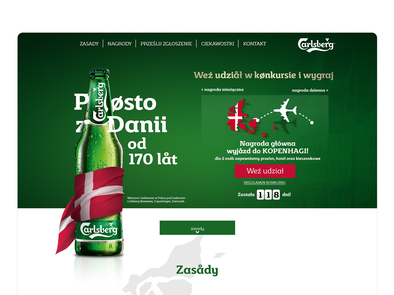 Strona internetowa konkursu Carlsberg: butelka owinięta flagą Danii, hasło 'Prosto z Danii od 170 lat', nagroda główna - wyjazd do Kopenhagi. Zostało 118 dni.