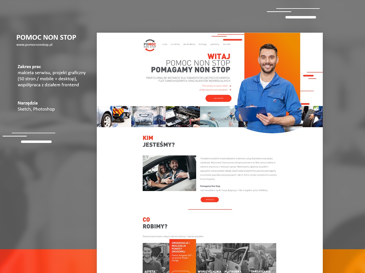 Projekt strony internetowej firmy Pomoc Non Stop z uśmiechniętym mechanikiem. Układ graficzny z sekcjami o usługach, narzędziach i zespole. Nowoczesny design.