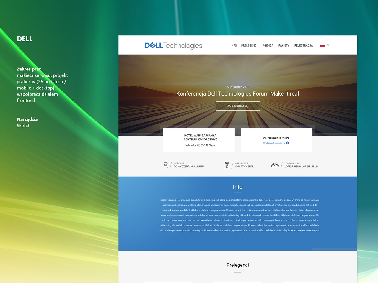 Projekt graficzny strony internetowej konferencji Dell Technologies Forum, z widocznym zakresem prac, narzędziami Sketch i elementami interfejsu użytkownika.
