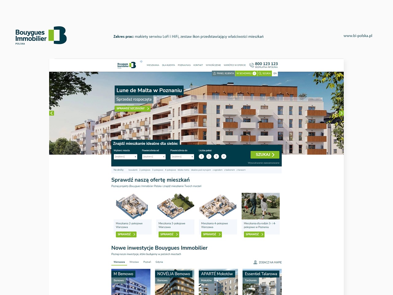Strona internetowa dewelopera Bouygues Immobilier Polska. Widok na budynek mieszkalny Lune de Malta w Poznaniu. Filtry wyszukiwania mieszkań i oferta mieszkań 2-4 pokojowych.