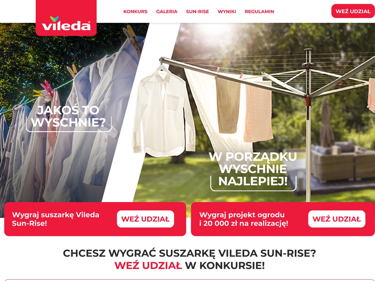 Strona internetowa z konkursem Vileda Sun-Rise. Suszarka ogrodowa i ubrania na sznurkach. Promocja projektu ogrodu i suszarki. Czerwone przyciski 'Weź udział'.