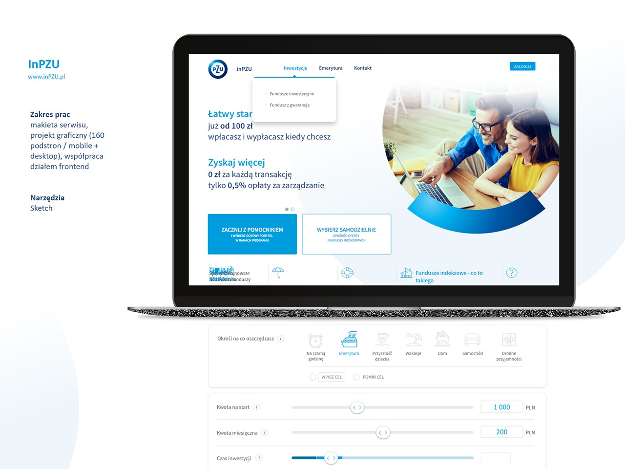 Laptop prezentuje makietę serwisu InPZU z motywem inwestycji. Widoczny projekt graficzny z zakresem prac na 160 podstron, z narzędziem Sketch.