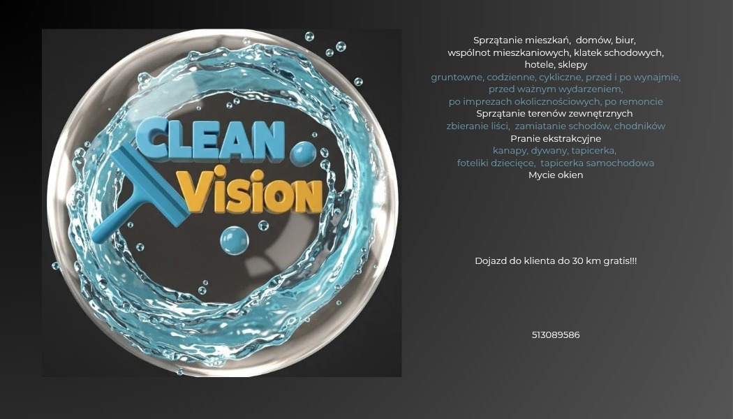 Grafika z logotypem 'Clean Vision' wewnątrz okręgu z efektem wody i niebieską myjką do okien. Reklama usług sprzątania z dojazdem do klienta.