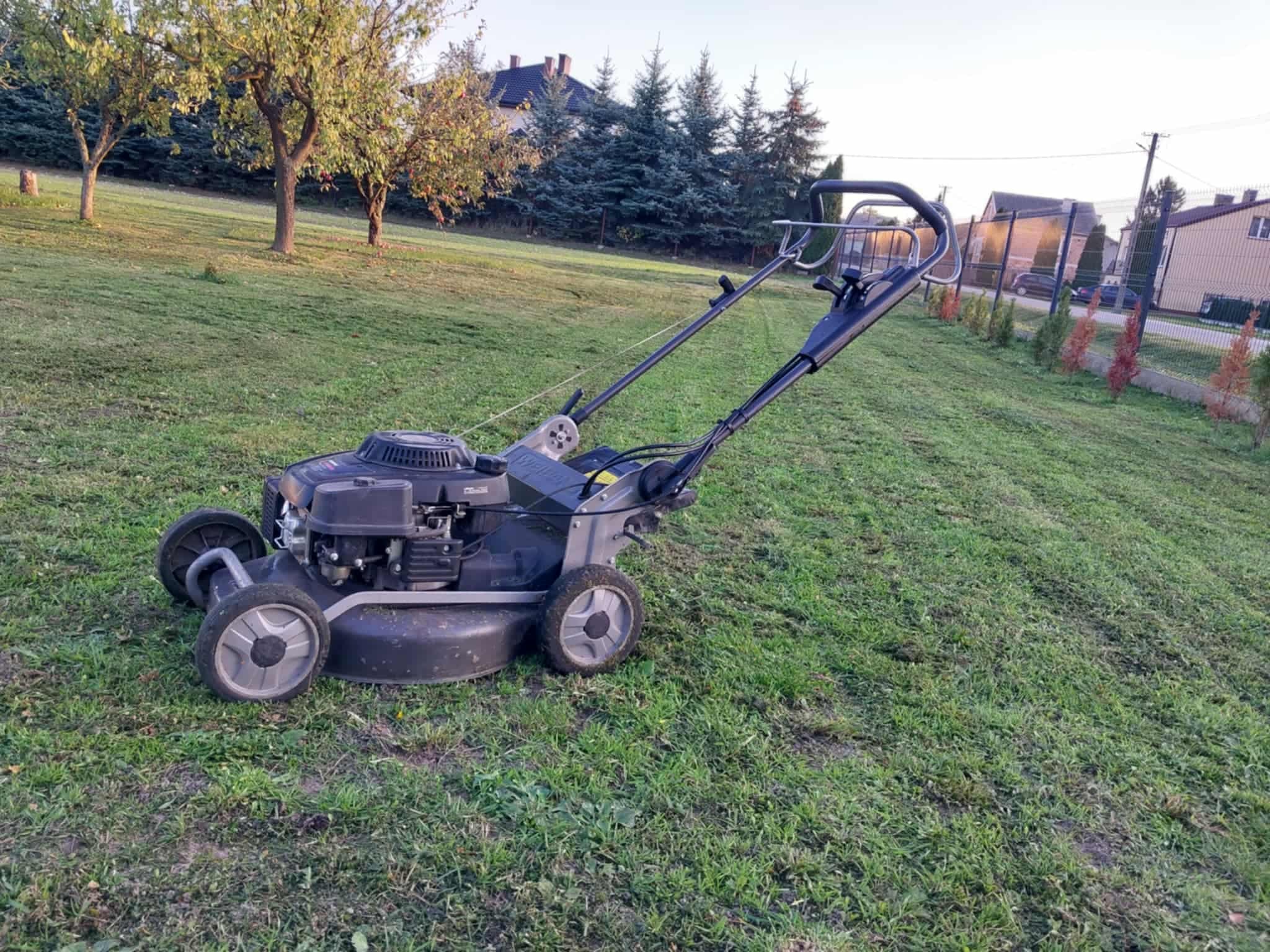 Czarna kosiarka spalinowa na trawniku z widocznymi śladami koszenia, w tle drzewa i zabudowa jednorodzinna. Lekki spadek terenu.